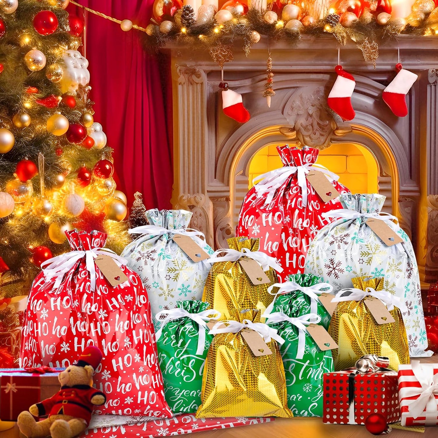 MerryWrap™ Drawstring Gift Bags with Tags